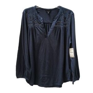 Lucky Brand Peasant Top Womens Small Tonal Embroidered Yoke American Navy Cotton